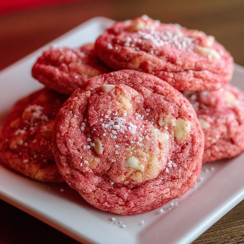 Freshly baked Strawberry Cake Mix Cookies topped with frosting and strawberries