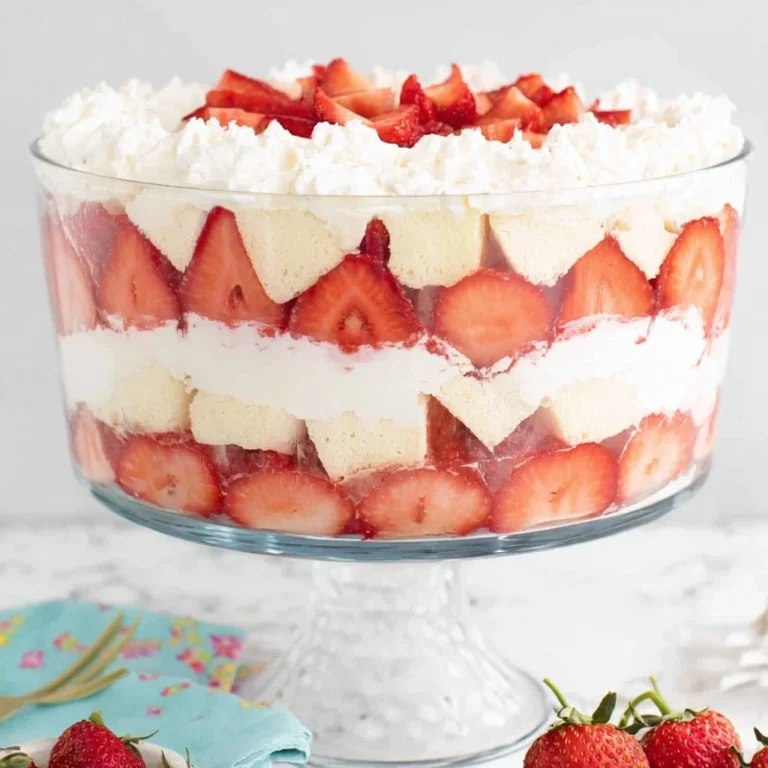 Delicious strawberry trifle dessert in glass, layered with cream and strawberries.