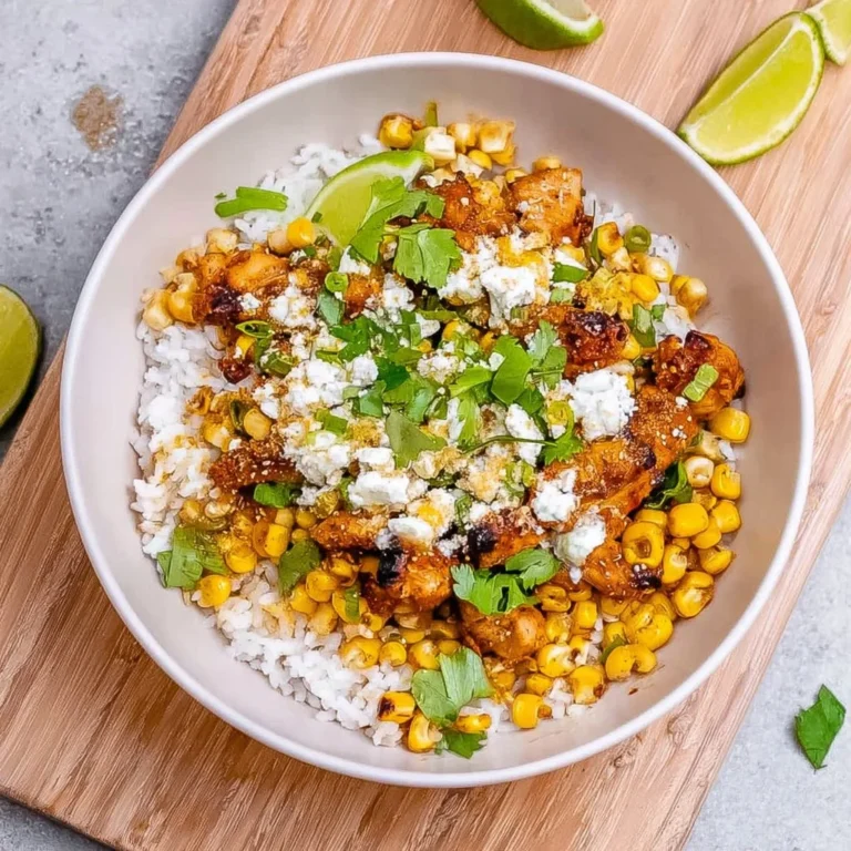 A vibrant Street Corn Chicken Rice Bowl garnished with fresh herbs and lime.