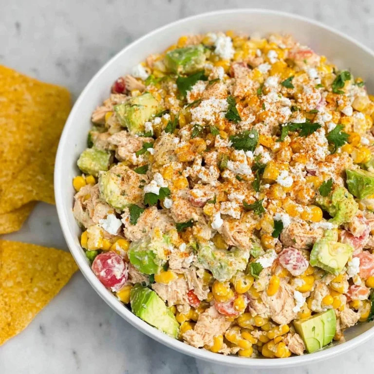 Delicious street corn chicken salad served in a bowl with fresh ingredients.