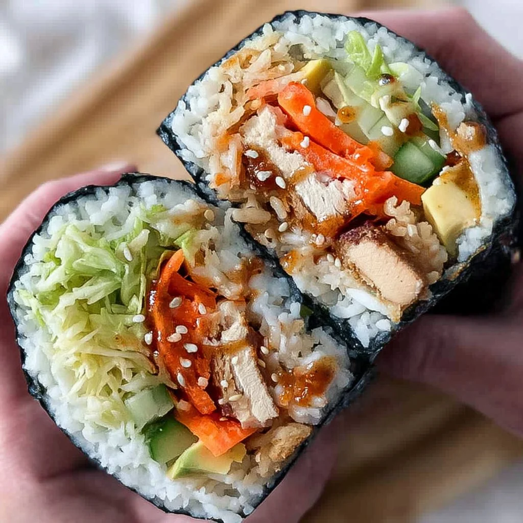 Sushi burrito filled with fresh ingredients and vibrant colors.