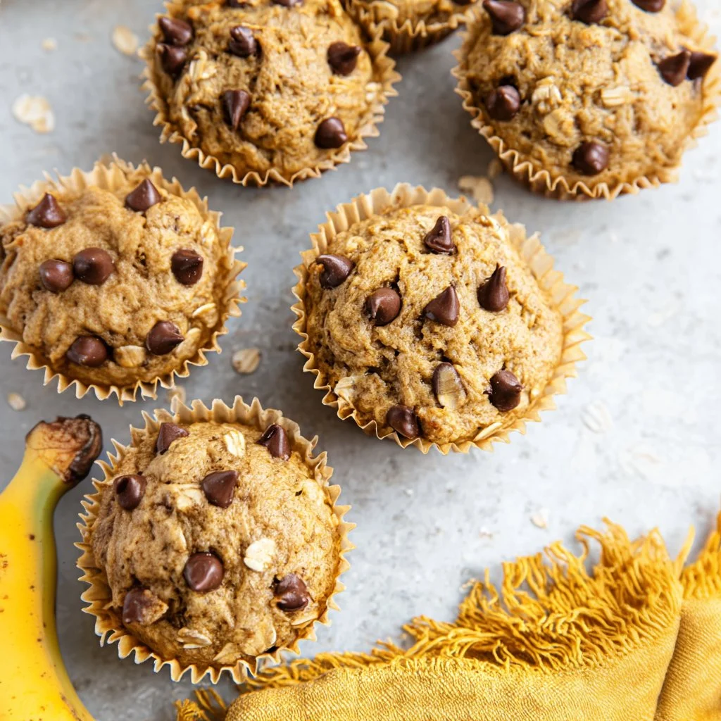 Freshly baked banana oat muffins on a wooden table