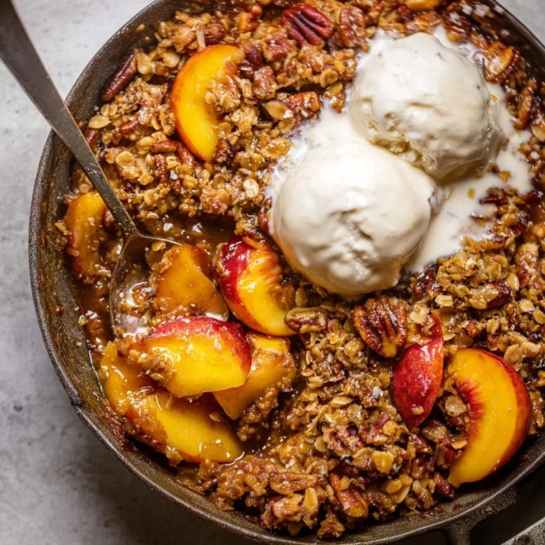 Delicious bourbon pecan peach crisp served in a dish, topped with ice cream.