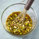 Sweet and spicy teriyaki marinade ingredients and finished dish.