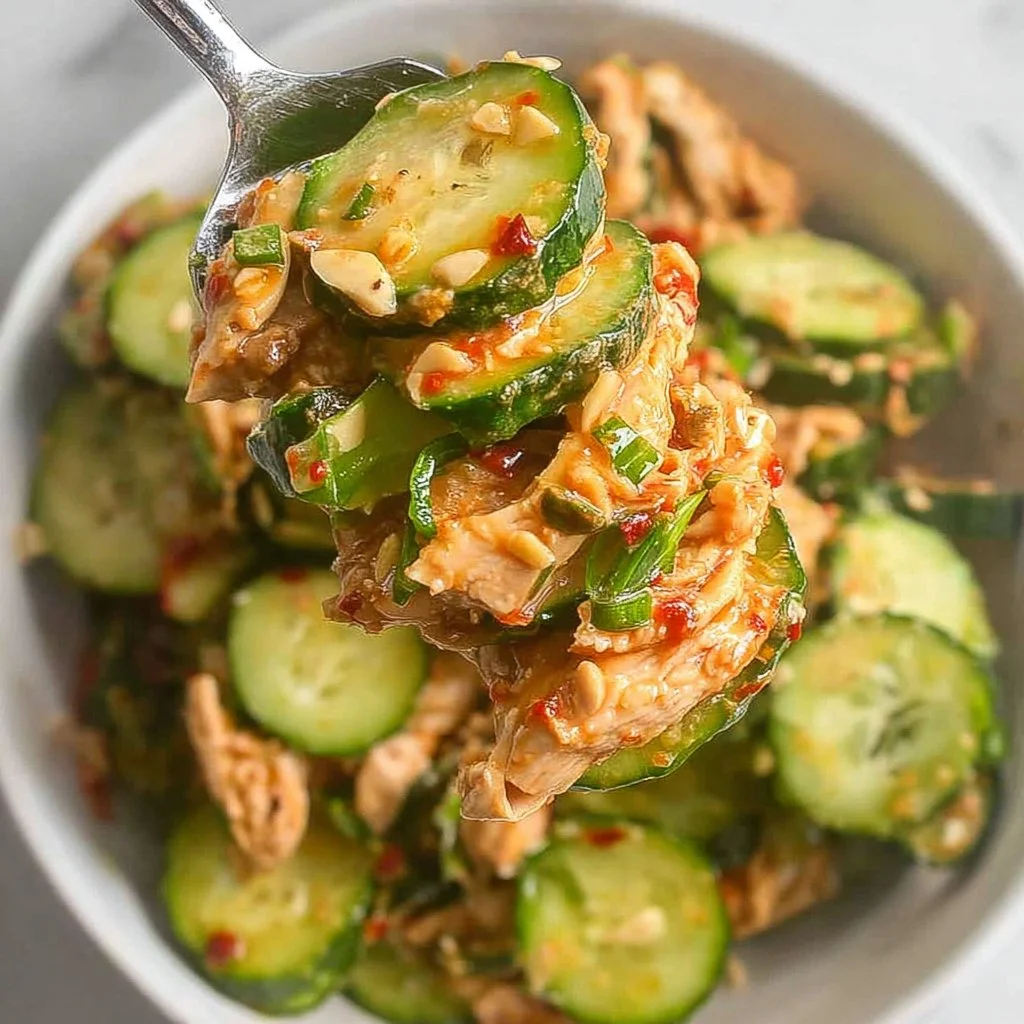 Thai cucumber salad with chicken in a colorful bowl, garnished and ready to serve.