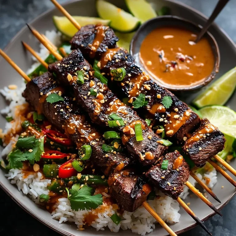 Delicious Thai Peanut Glazed Steak Skewers on a grill plate