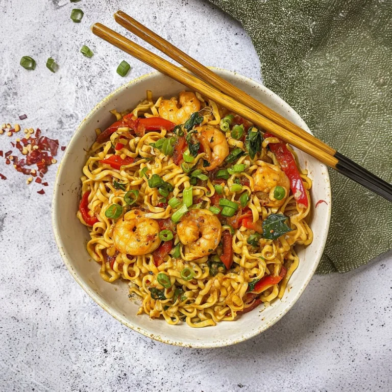 Plate of Thai shrimp noodles garnished with fresh herbs and lime.