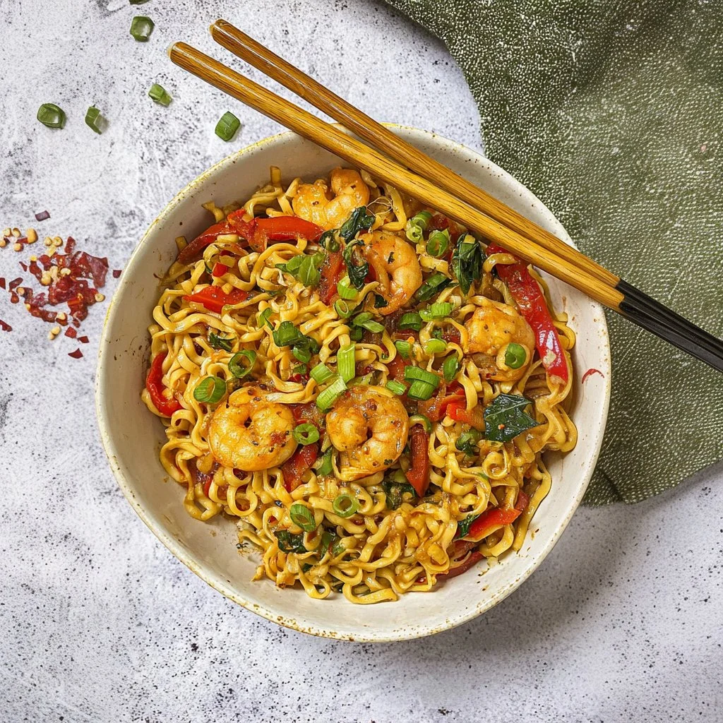 Plate of Thai shrimp noodles garnished with fresh herbs and lime.