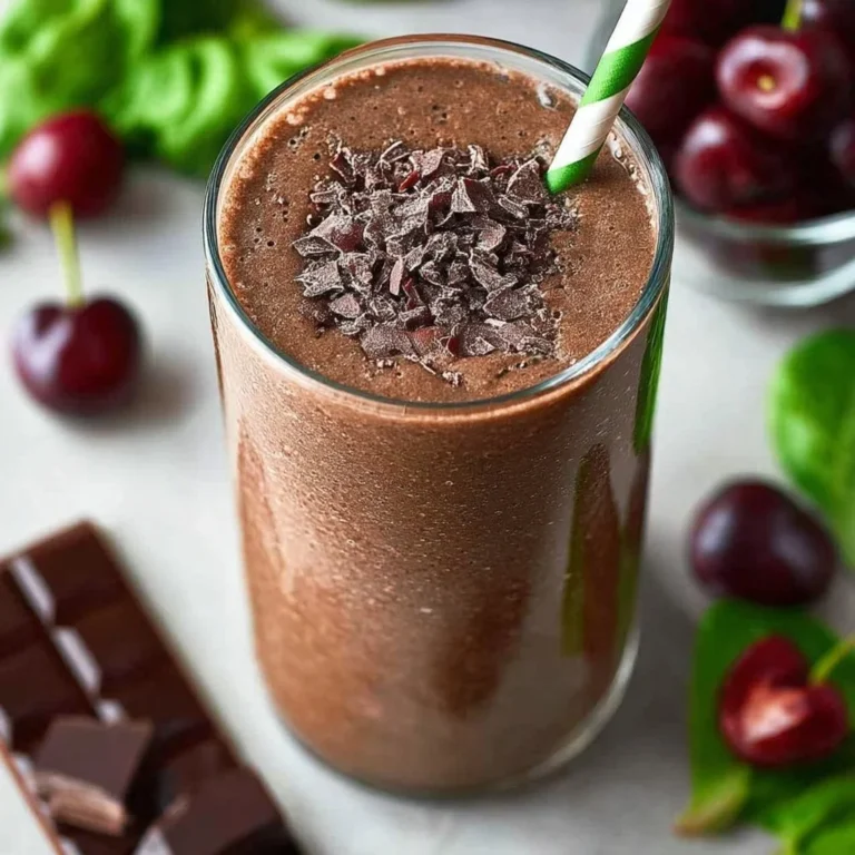Chocolate cherry smoothie in a glass with fresh cherries and chocolate pieces