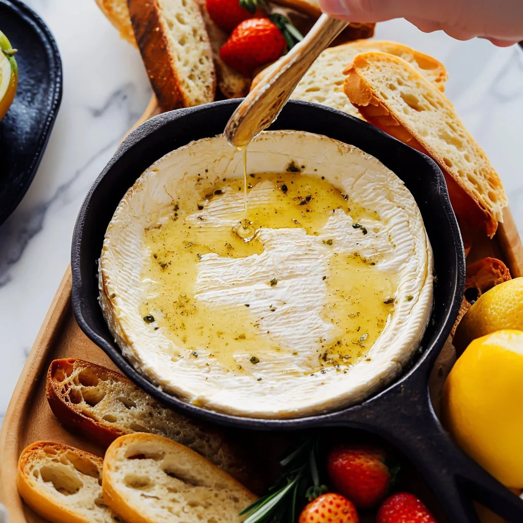 Warm and creamy baked goat cheese served with herbs and spices.