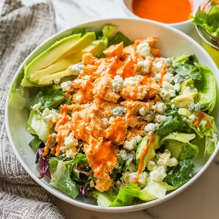 A delicious bowl of buffalo chicken salad topped with fresh greens and spicy sauce.