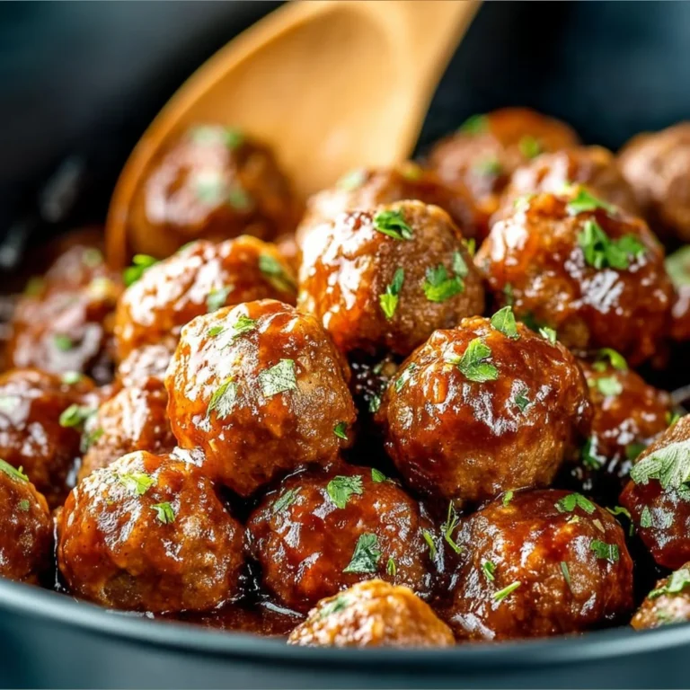 Crock pot meatballs glazed with honey buffalo sauce served on a plate