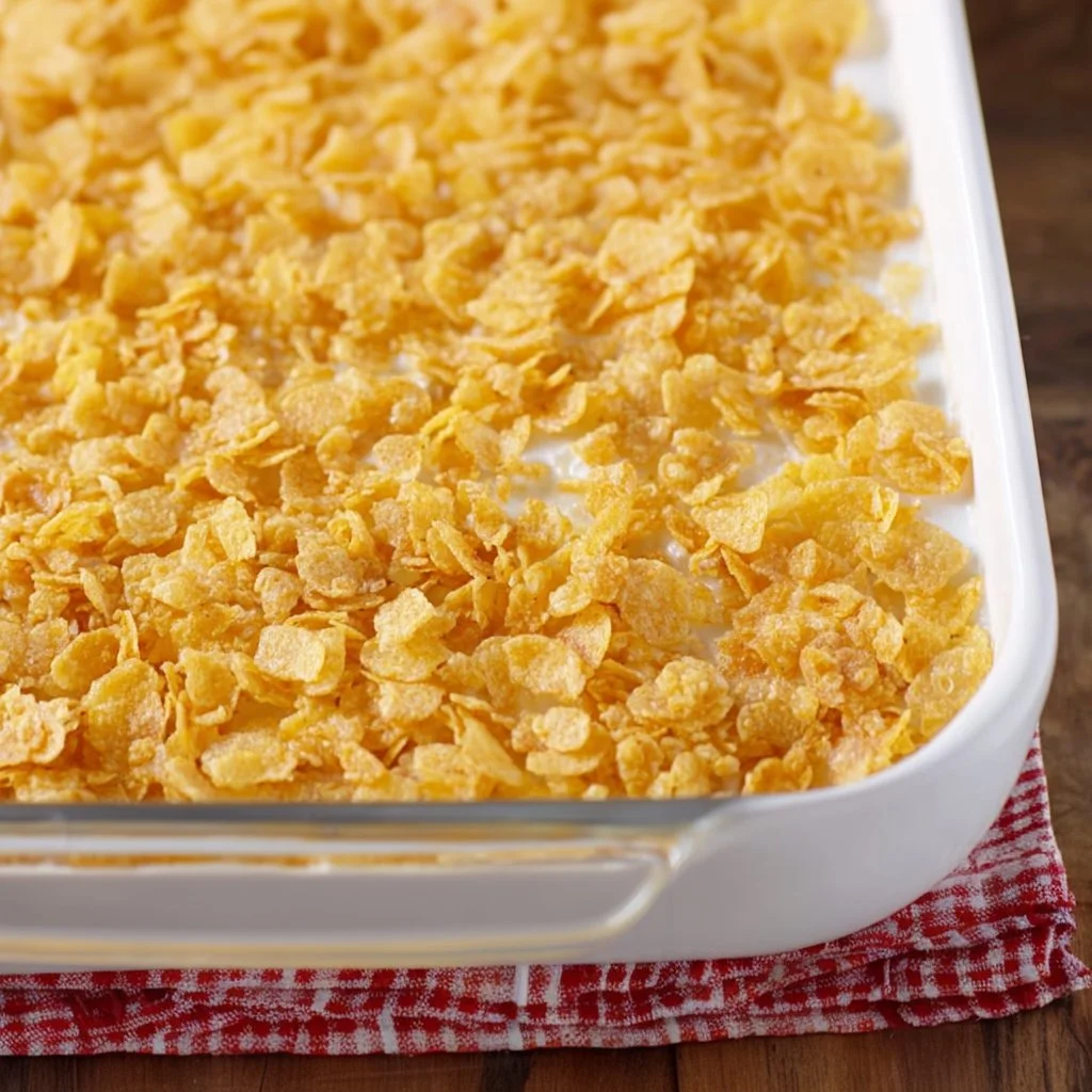 A comforting dish of funeral potatoes served in a warm casserole dish.