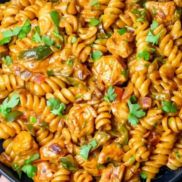 High protein chicken fajita pasta served in a bowl with colorful peppers and spices.
