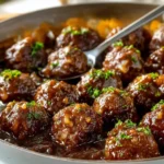 Salisbury steak meatballs served with rich gravy and mashed potatoes