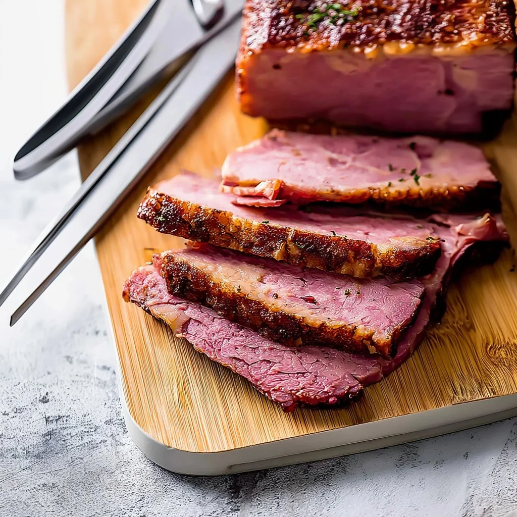 Air fryer corned beef served with vegetables on a plate
