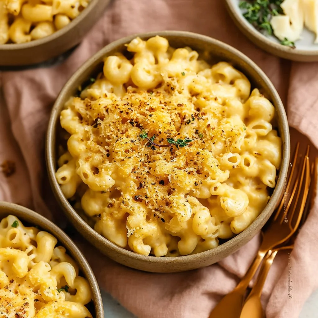 Bowl of butternut squash mac and cheese topped with breadcrumbs