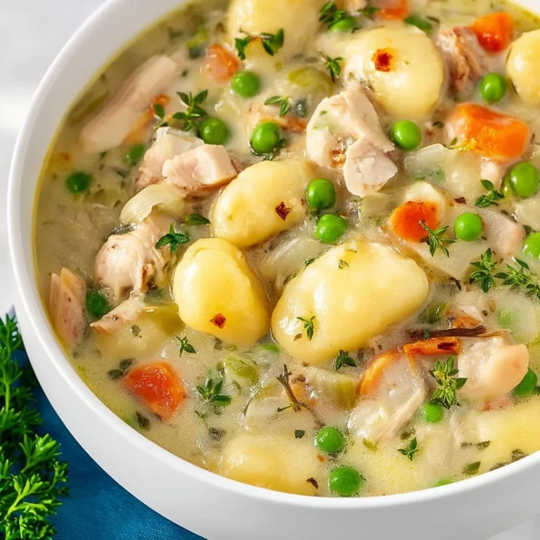 Bowl of homemade chicken gnocchi soup with fresh herbs and vegetables