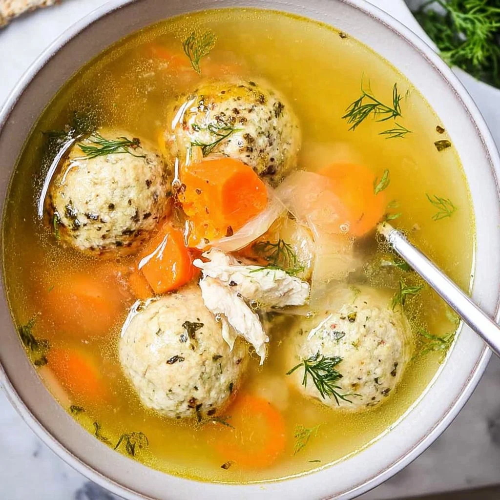A warm bowl of matzo ball soup with fluffy matzo balls and fresh herbs