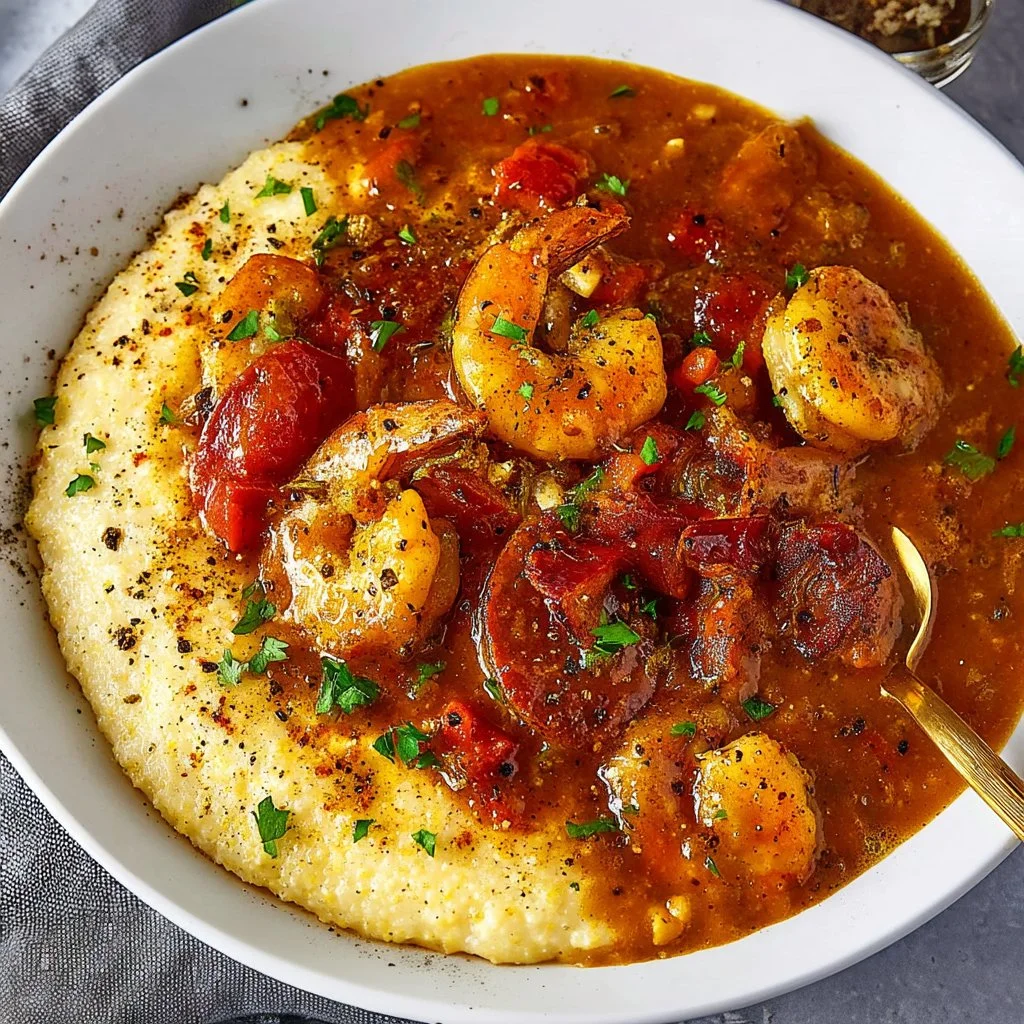 A delicious plate of shrimp and grits garnished with green onions
