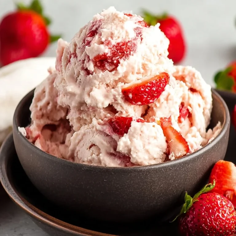 Bowl of strawberry cottage cheese ice cream topped with fresh strawberries