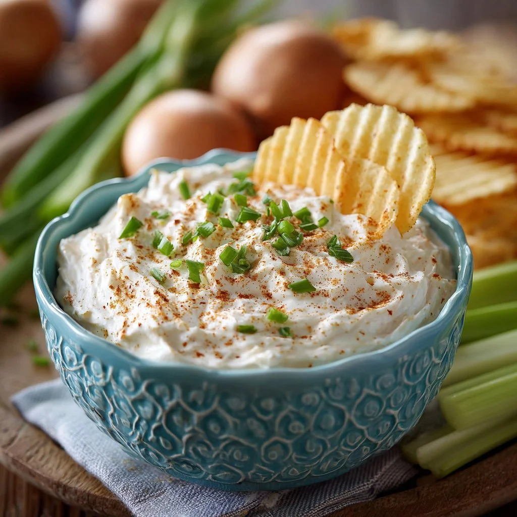 Creamy French onion dip served with crispy chips and fresh vegetables