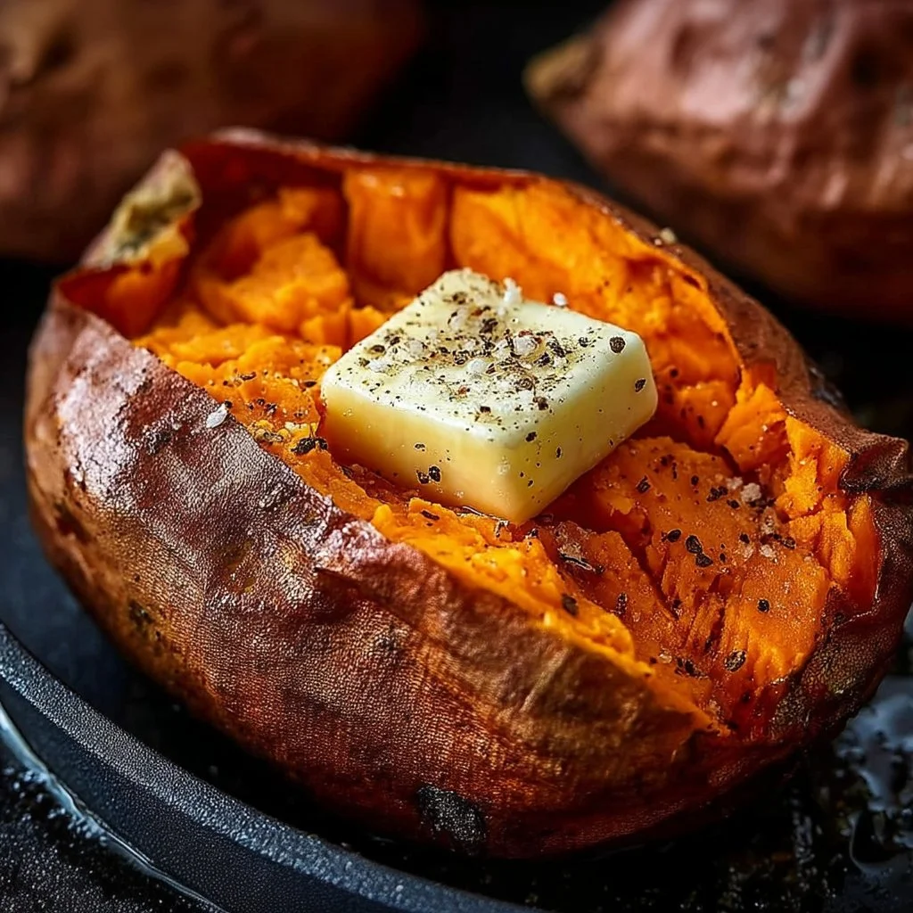 Delicious baked sweet potatoes served with herbs and spices