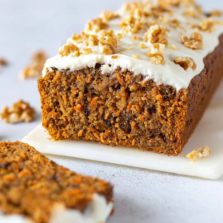 Deliciously moist carrot cake loaf garnished with walnuts and cream cheese frosting.