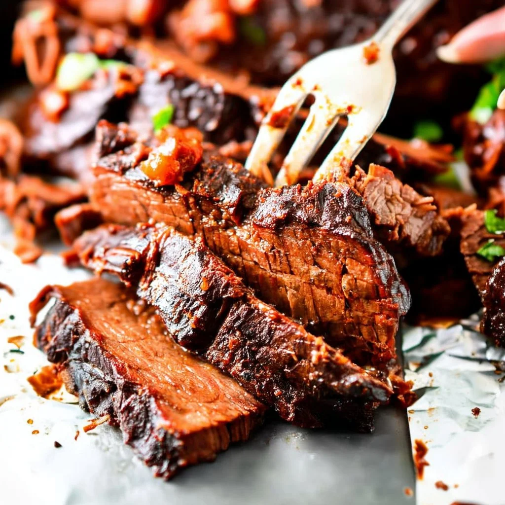 A perfectly cooked beef brisket showing tender meat and rich glaze.