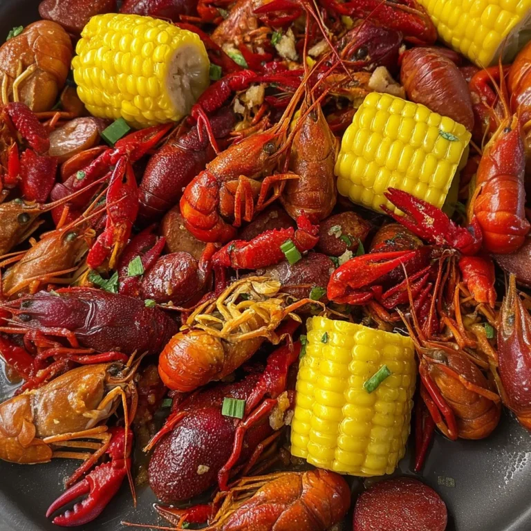 Colorful crawfish boil with spices, potatoes, and corn for a festive gathering.