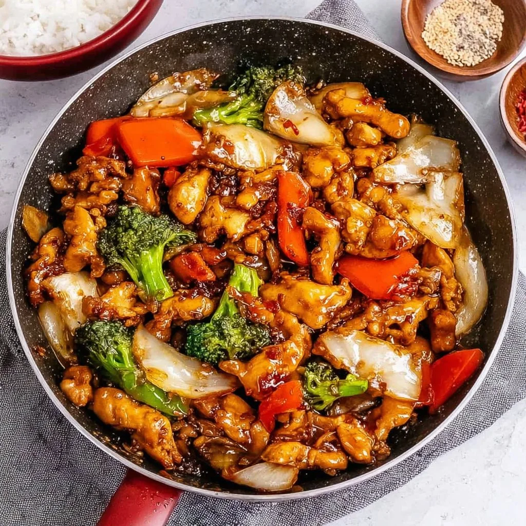 Delicious black pepper chicken served with fresh vegetables and rice.