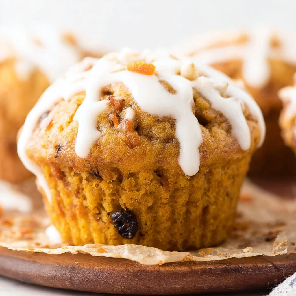 Delicious homemade carrot cake muffins served on a wooden table.