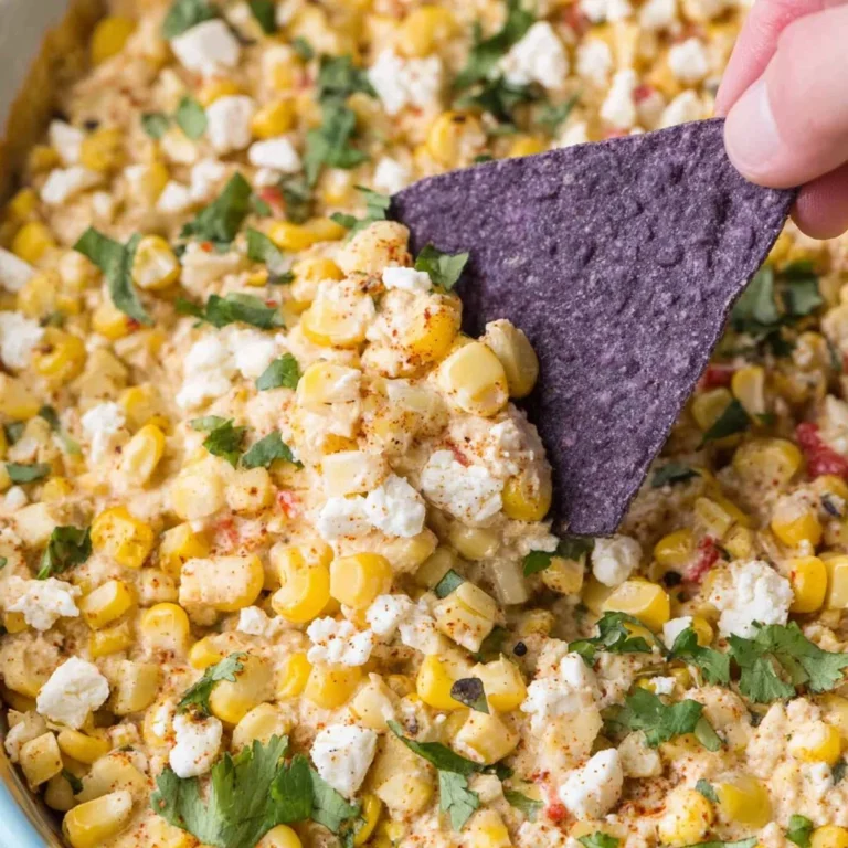 Bowl of creamy Mexican street corn dip served with tortilla chips