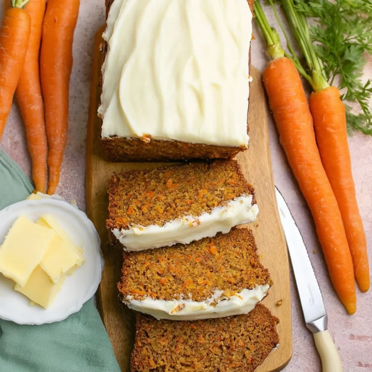 Delicious slice of carrot cake bread with cream cheese frosting on a rustic table