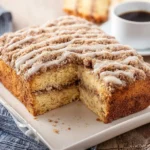 Delicious cinnamon coffee cake topped with a crumbly streusel and cinnamon glaze.