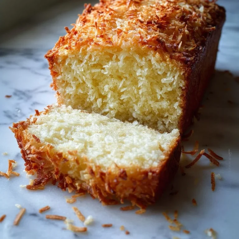Delicious coconut loaf cake on a kitchen counter with fresh coconut slices