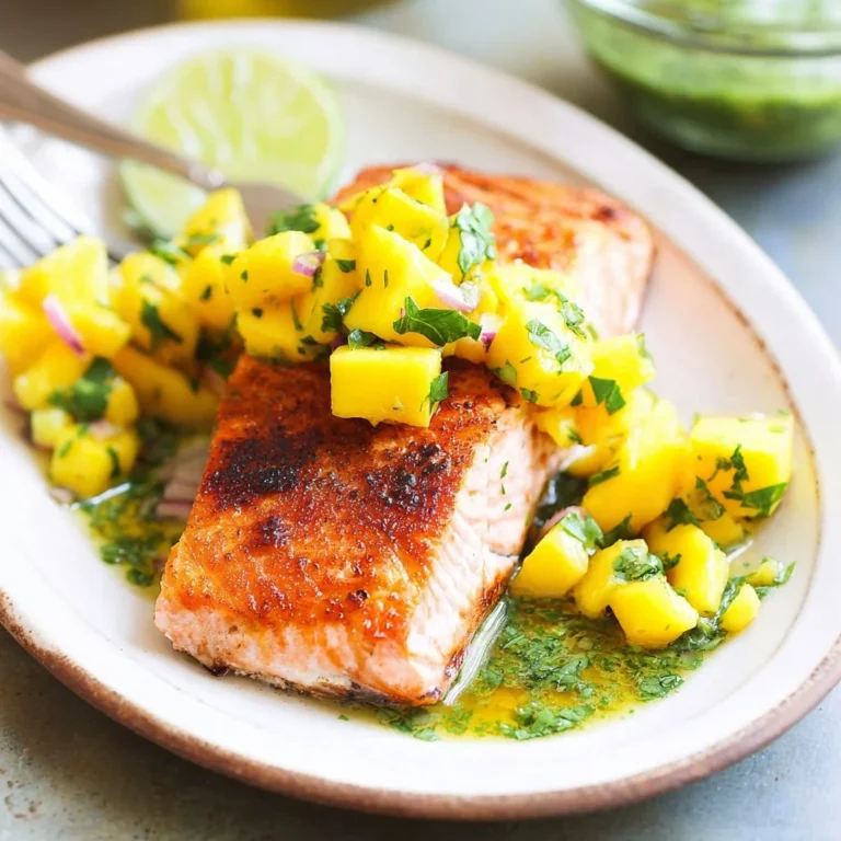 Plate of salmon topped with vibrant mango salsa for a fresh and healthy dish.