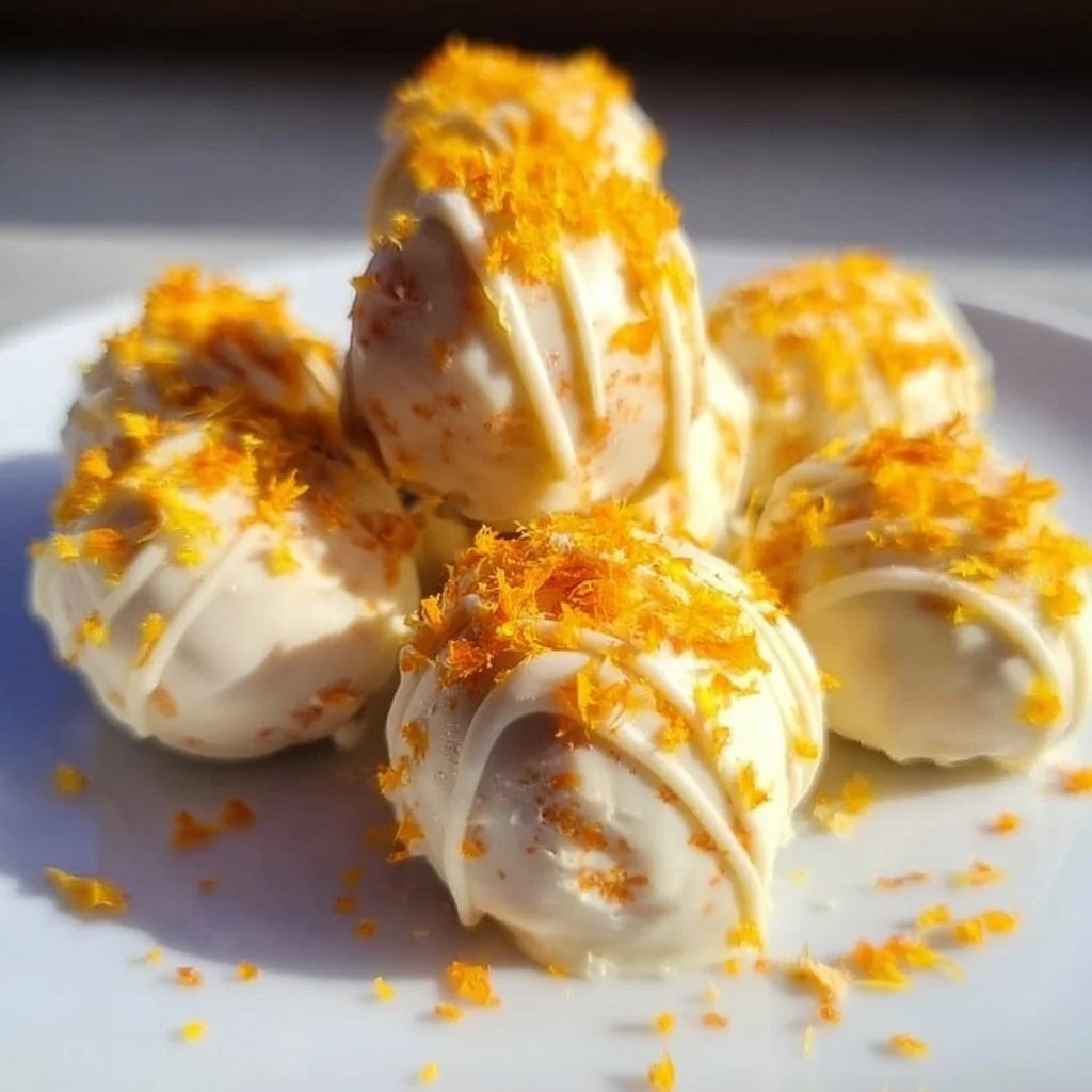 Homemade Orange Creamsicle Truffles on a decorative plate