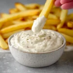 Creamy garlic aioli in a dish, ready for dipping vegetables and seafood.
