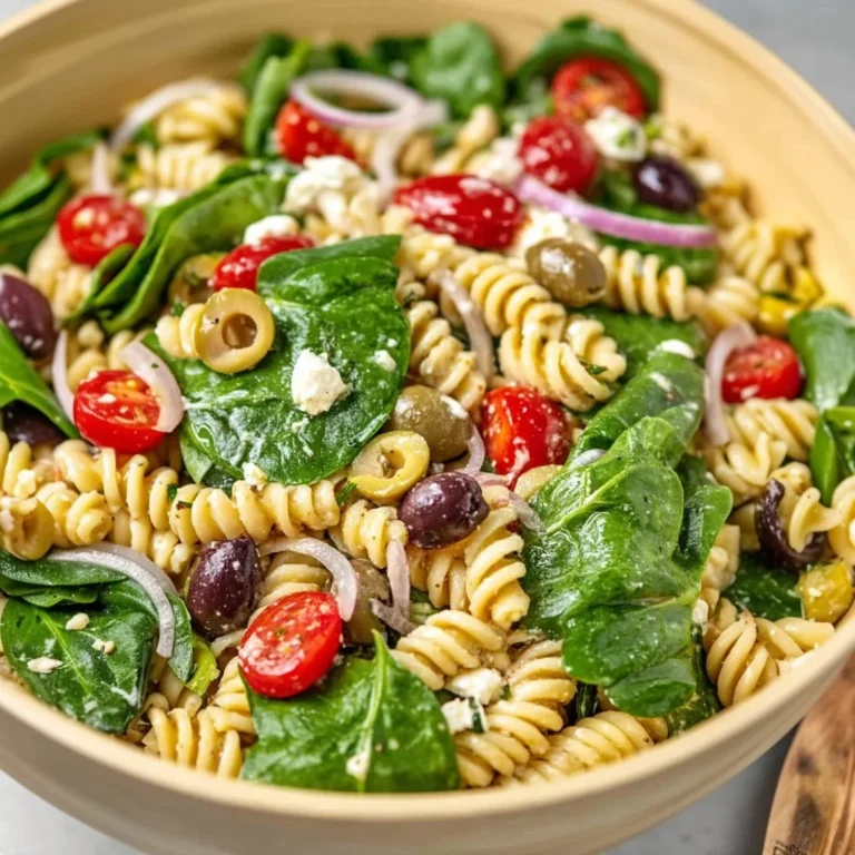 Colorful Mediterranean Pasta Salad with fresh vegetables, olives, and feta cheese