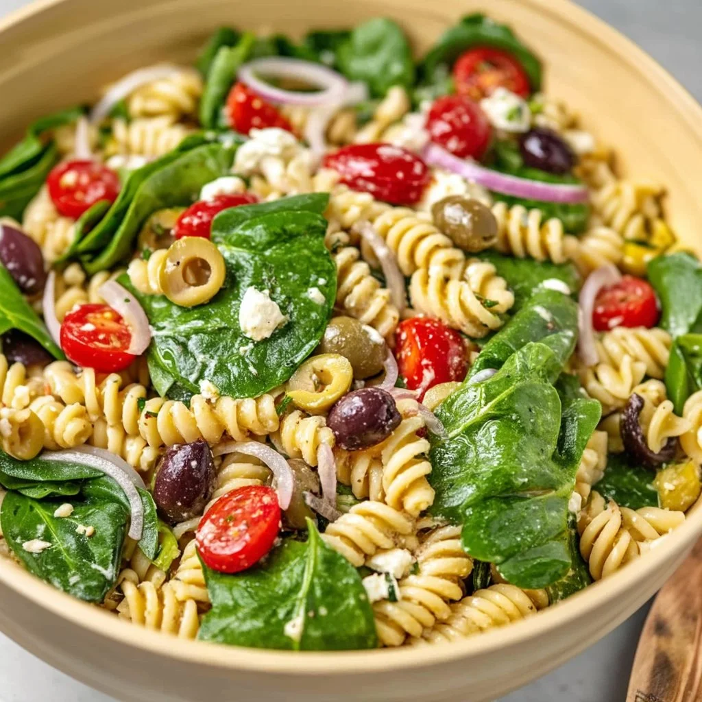 Colorful Mediterranean Pasta Salad with fresh vegetables, olives, and feta cheese