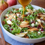 Arugula salad with pears and goat cheese garnished elegantly on a plate.