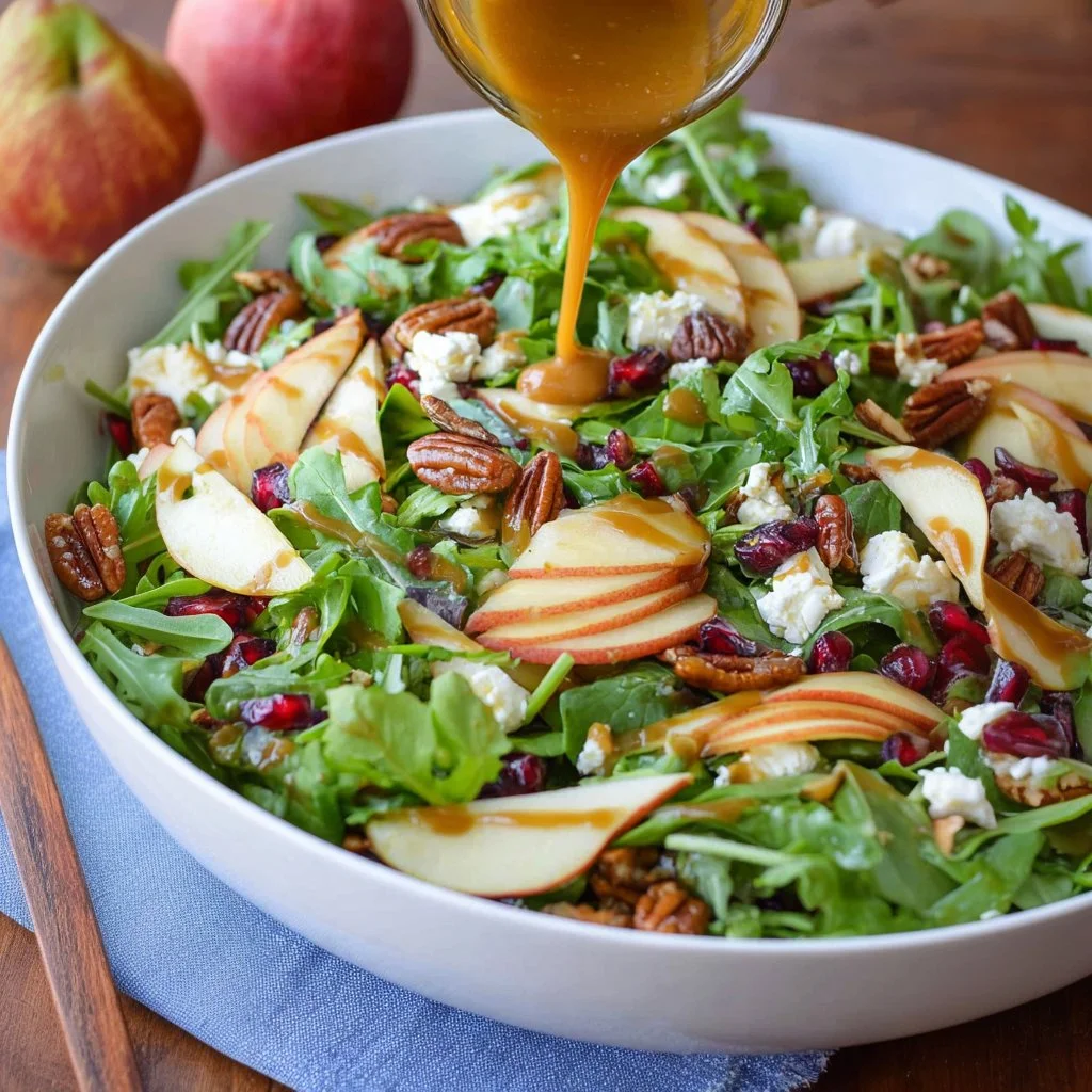 Arugula salad with pears and goat cheese garnished elegantly on a plate.