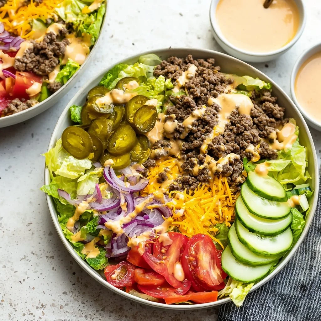Delicious cheeseburger salad with fresh ingredients and toppings