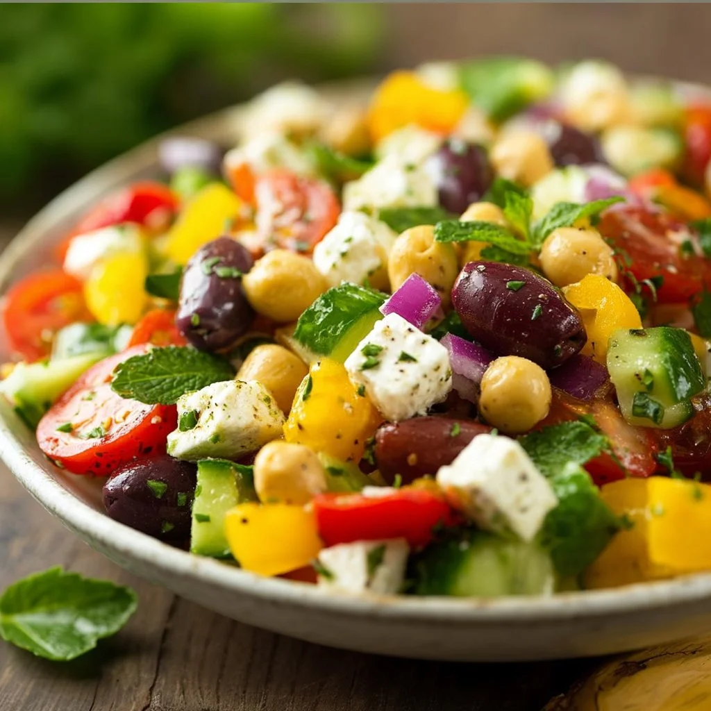 Chopped Greek salad with vibrant vegetables and feta cheese in a bowl