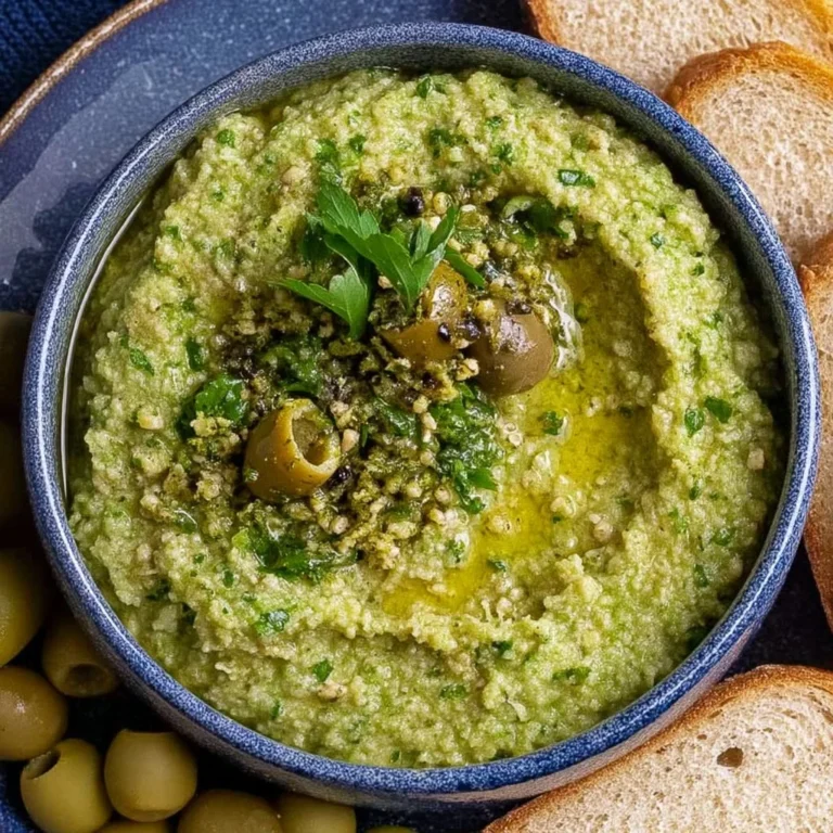 Delicious green olive dip served in a bowl with fresh herbs