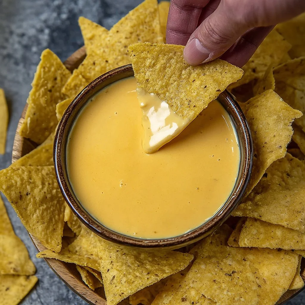 Delicious homemade nacho cheese sauce poured over crispy tortilla chips.