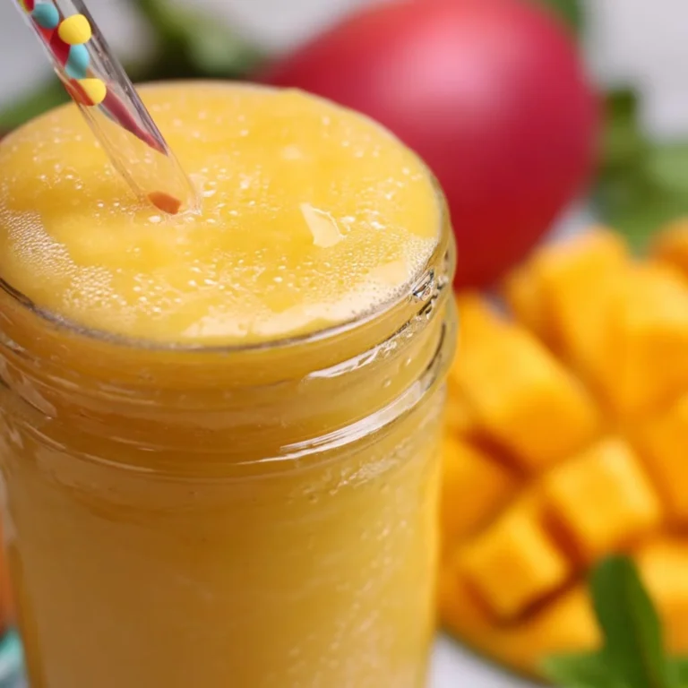 Frosty mango smoothie topped with fresh mango slices and mint leaves.