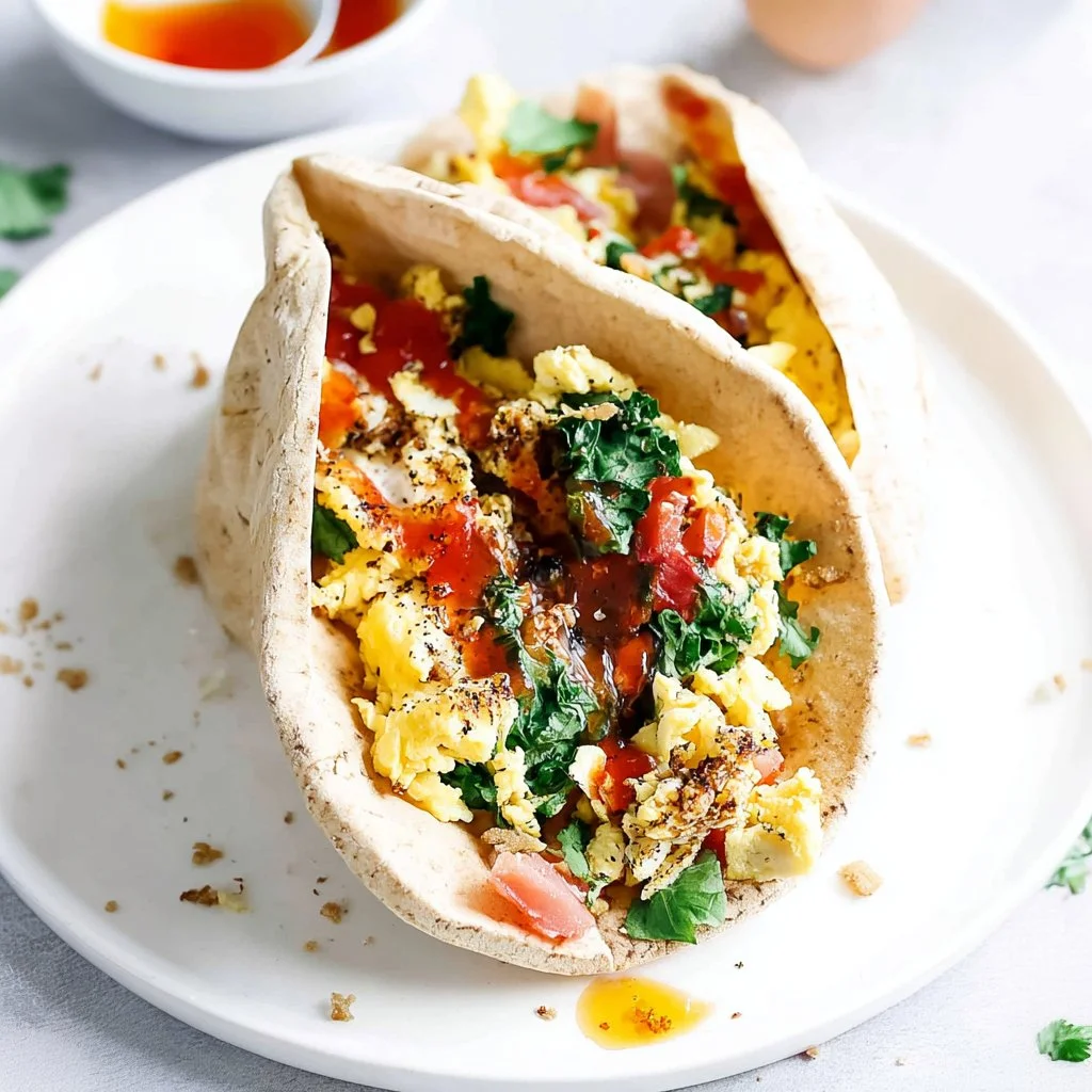 Delicious homemade breakfast pita filled with eggs and veggies