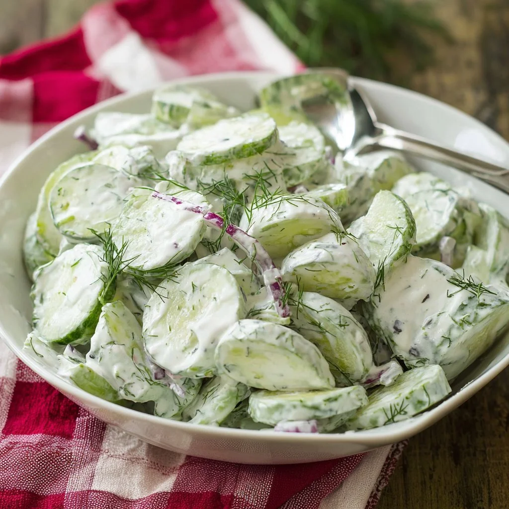 Creamy cucumber salad served in a bowl with fresh herbs and spices